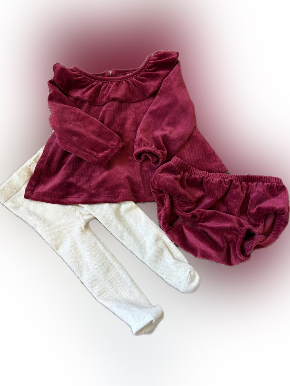 Girls Burgundy Corduroy Shirt & Bloomers Set with Cream Tights